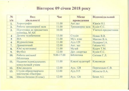 План роботи Володимирецького районного колегіуму на зимові канікули  2017-2018 н. р.