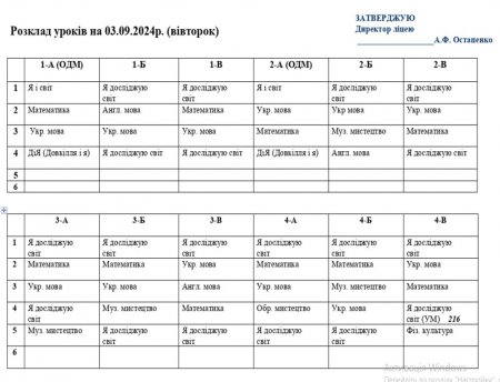 Розклад навчальних занять для учнів 1-11 класів на 03.09.2024р.