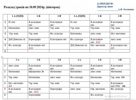 Розклад начальних занять для учнів 1-11 класів на 10.09.2024 р.