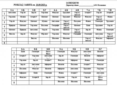 Розклад начальних занять для учнів 1-11 класів на 10.09.2024 р.