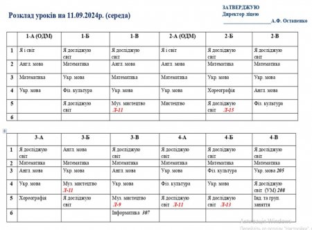 Розклад навчальних занять для учнів 1-11 класів на 11.09.2024 р.