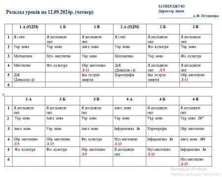 Розклад навчальних занять для учнів 1-11 класів на 12.09.2024 р.