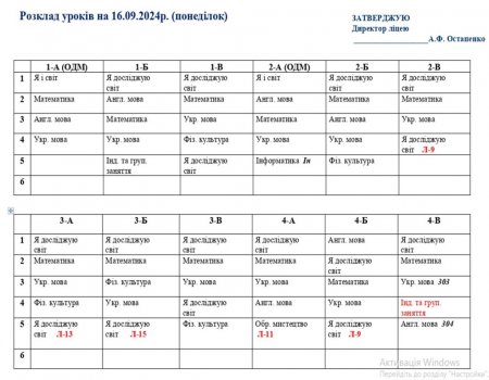 Розклад навчальних занять для учнів 1-11 класів на 16.09.2024 р.