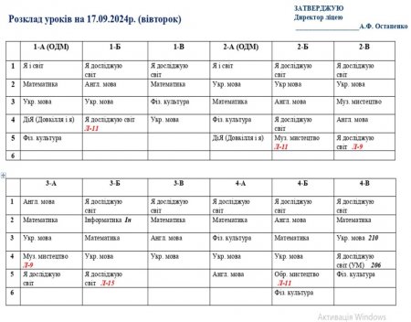 Розклад навчальних занять для учнів 1-11 класів на 17.09.2024 р.