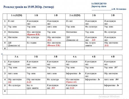 Розклад навчальних занять для учнів 1-11 класів на 19.09.2024 р.