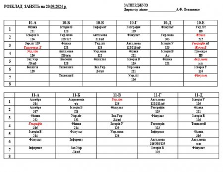 Розклад навчальних занять для учнів 1-11 класів на 20.09.2024 р.