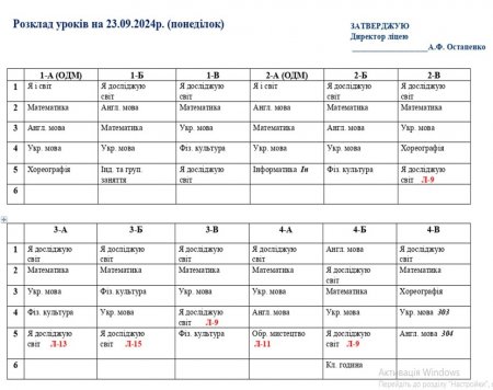 Розклад навчальних занять для учнів 1-11 класів на 23.09.2024 р.