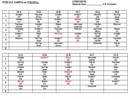 Розклад навчальних занять для учнів 1-11 класів на 23.09.2024 р.