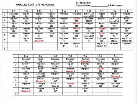 Розклда навчальних занять для учнів 5-11 класів на 08.10.2024 р.