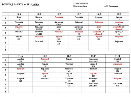 Розклад навчальних занять для учнів 1-11 класів на 08.11.2024 р.