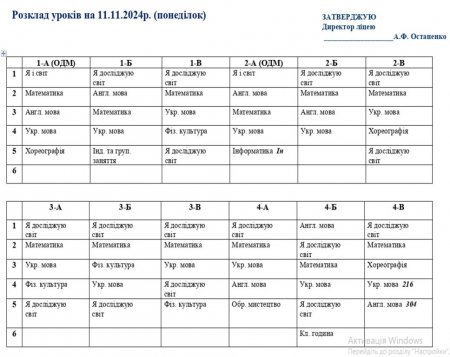 Розклад навчальних занять для учнів 1-11 класів на 11.11.2024 р.