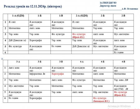 Розклад навчальних занять для учнів 1-11 класів на 12.11.2024 р.