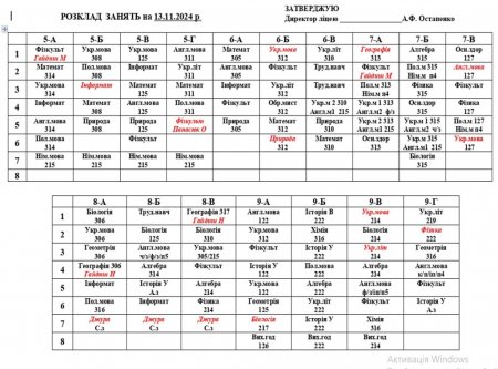 Розклад навчальних занять для учнів 1-11 класів на 13.11.2024 р.