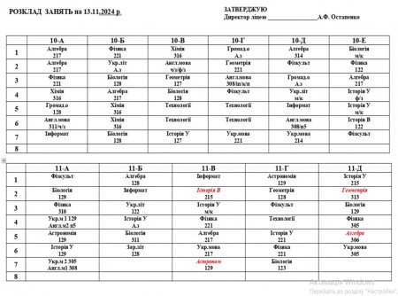 Розклад навчальних занять для учнів 1-11 класів на 13.11.2024 р.
