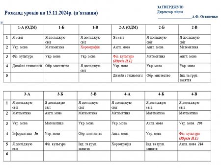 Розклад навчальних занять для учнів 1-11 класів на 15.11.2024р.
