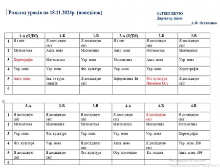 Розклад навчальних занять для учнів 1-11 класів на 18.11.2024 р.