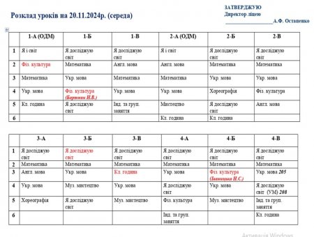 Розклад навчальних занять для учнів 1-11 класів на 20.11.2024 р.