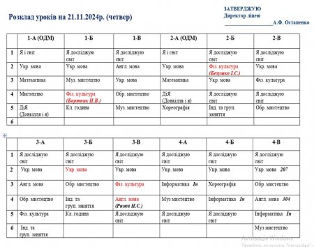 Розклад навчальних занять для учнів 1-11 класів на 21.11.2024 р.
