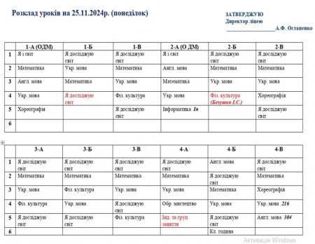 Розклад навчальних занять для учнів 1-11 класів на 25.11.2024 р.