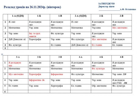 Розклад навчальних занять для учнів 1-11 класів на 26.11.2024 р.