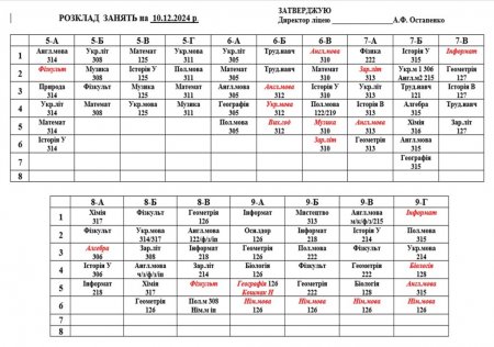 Розклад навчальних занять для учнів 1-11 класів на 10.12.2024 р.