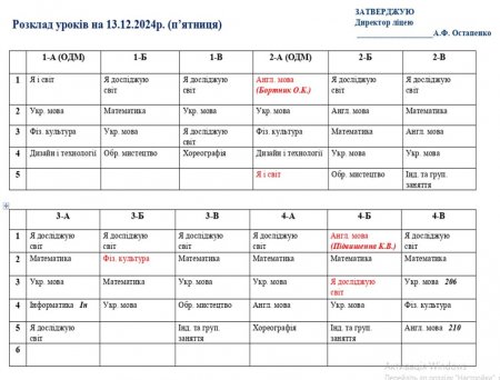 Розклад навчальних занять для учнів 1-11 класві на 13.12.2024 р.