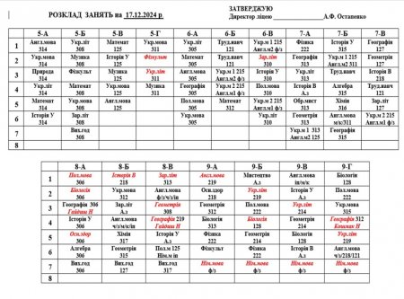 Розклад навчальних занять для учнів 1-11 класів на 17.12.2024 р.