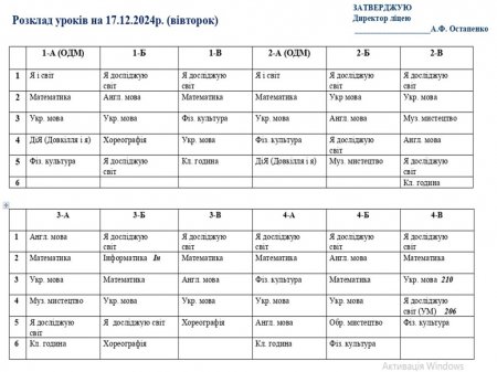 Розклад навчальних занять для учнів 1-11 класів на 17.12.2024 р.