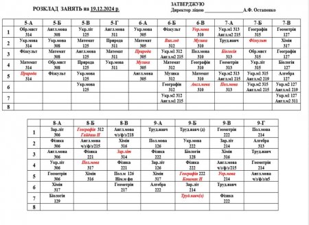 Розклад навчальних занять для учнів 1-11 класів на 19.12.2024 р.