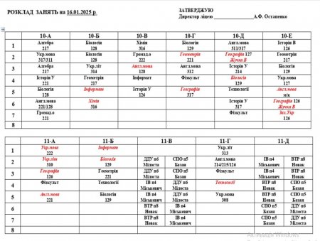Розклад навчальних занять для учнів 1-11 класів на 16.01.2025 р.