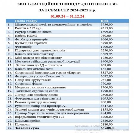 Звіт благодійного фонду "Діти Полісся" за І семестр 2024-2025 н.р.