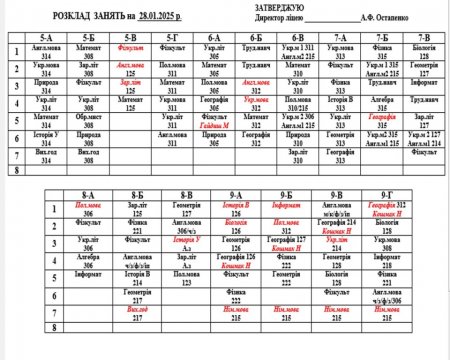 Розклад навчальних занять на 28.01.25