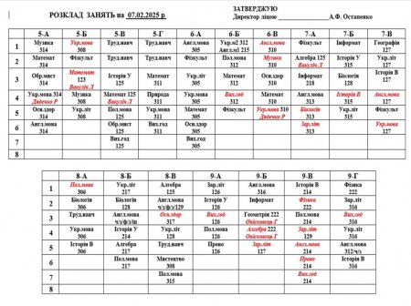 Розклад навчальних занять для учнів 1-11 класів на 07.02.2025 р.