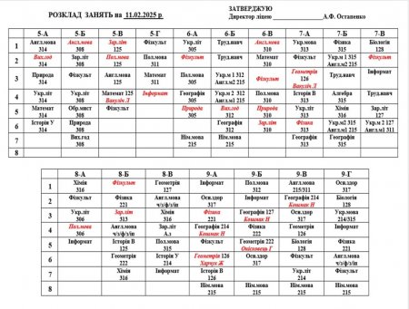 Розклад навчальних занять для учнів 1-11 класів на 11.02.2025 р.