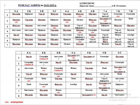 Розклад навчальних занять на 20.02. 2025