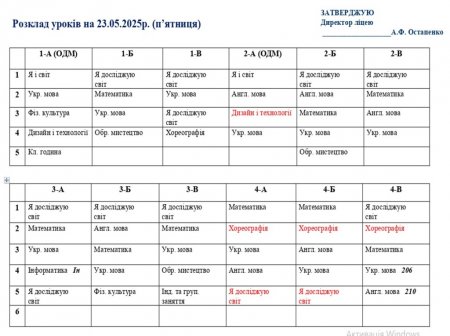 Розклад навчальних занять для учнів 1-11 класів на 23.05.2025