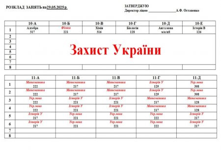 Розклад навчальних занять для учнів 1-11 класів на 29.05.2025