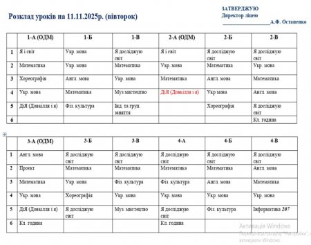 Розклад навчальних занять для учнів 1-11 класів на 11.11.2025 р.