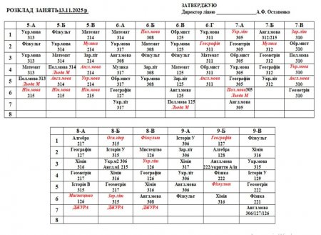 Розклад навчальних занять для учнів 1-11 класів на 13.11.2025 року
