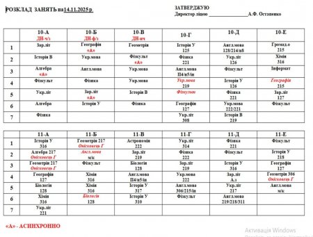 Розклад навчальних занять для учнів 1-11 класів на 14.11.2025 року