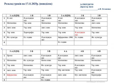 Розклад навчальних занять для учнів 1-11 класів на 17.11.2025 року