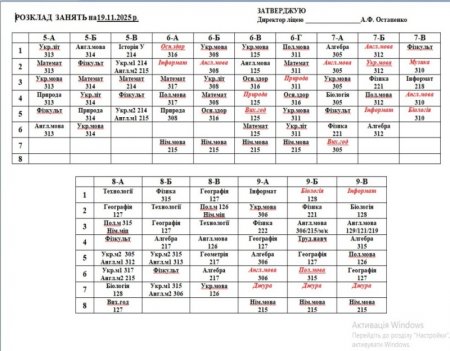 Розклад навчальних занять на 19.11 25