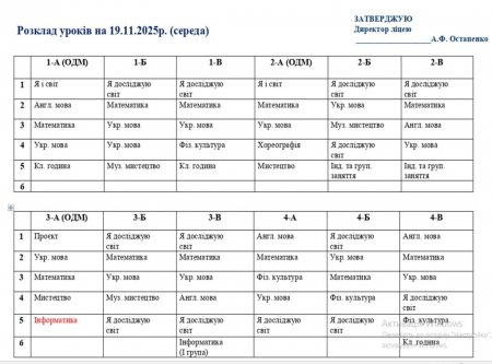 Розклад навчальних занять на 19.11 25
