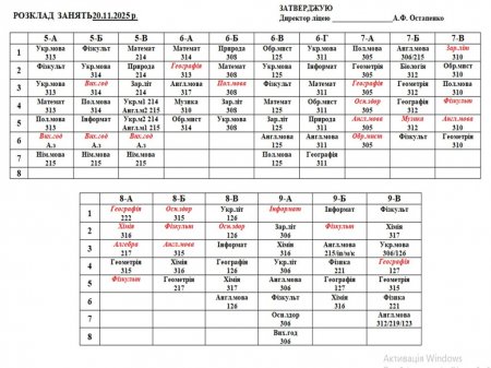 Розклад навчальних занять для учнів 1-11 класів на 20.11.2025 року