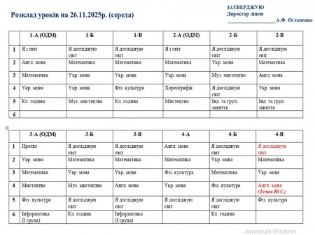 Розклад навчальних занять для учнів 1-11 класів на 26.11.2025 року