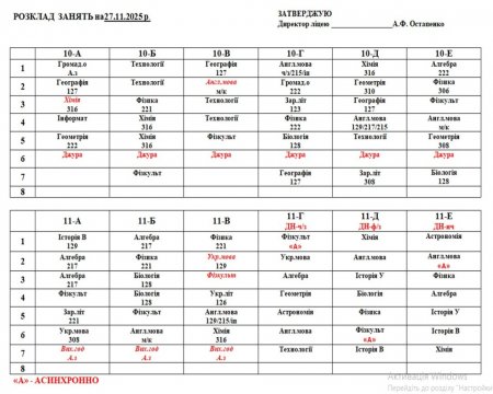 Розклад навчальних занять для учнів 1-11 класів на 27.11.2025 р.