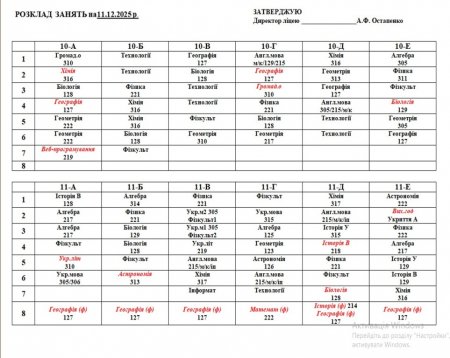Розклад навчальних занять на 11.12.2025 року  для учнів 1-11 класів 