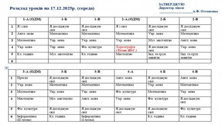 Розклад навчальних занять1-4 класів