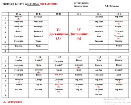 Розклад навчальних занять для учнів 1-11 класів на 13.01.2026 року