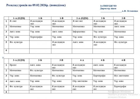 Розклад навчальних занять 1-11 класів  на 09.02.26